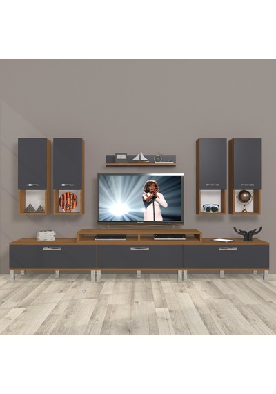 Decoraktiv Ekoflex 8da Mdf Krom Ayaklı Tv Ünitesi Tv Sehpası Ceviz - Antrasit