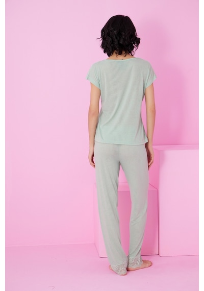 Siyah İnci Soft Touch İnce Mevsimlik Dantel Detaylı Örme Pijama Takım7864 Yeşil