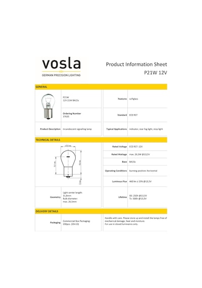 Vosla 12v 93 Ampul 21w Ba15s P21w Vs37635 10 Lu