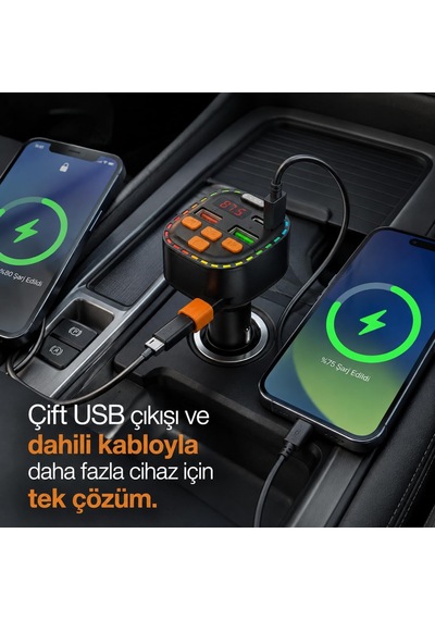 Bluetooth 5.3 Fm Transmitter, Dahili Type-c Kablolu Çift Usb 3.1a Araç Şarjı, Eller Serbest Görüşme, Mp3/wma/flac Ve Tf Kart Destekli 12-24v Led Ekranlı