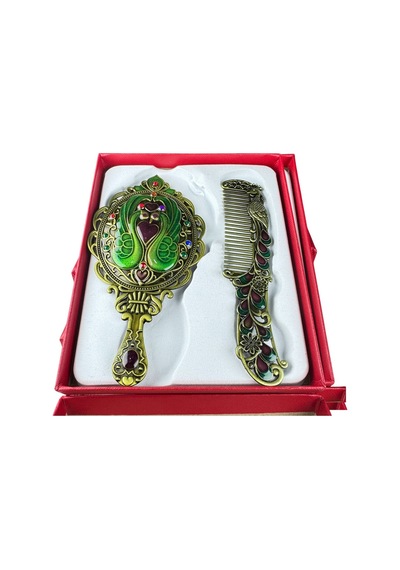 Tavus Kuşu Desenli Vintage Ayna Tarak Seti Özel Tasarım Ve Özel Kutulu 13,5 Cm & 13 Cm Yeşil