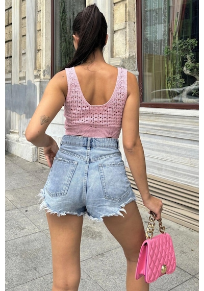 WeShaya Pembe Ajurlu Kalın Askılı Triko Bluz Pembe