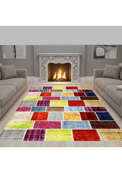 Çok Renkli Patchwork Eskitme Desenli Dijital Baskılı Kaymaz Tabanlı 6 Mm Yıkanabilir Halı