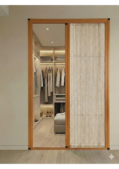 Plise Kumaş Sürgülü Akordiyon Kapı Krem Altın Meşe 120x200