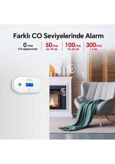 Wisualarm C06 En50291 Karbonmonoksit Dedektörü Sıcaklık Nem Göstergeli