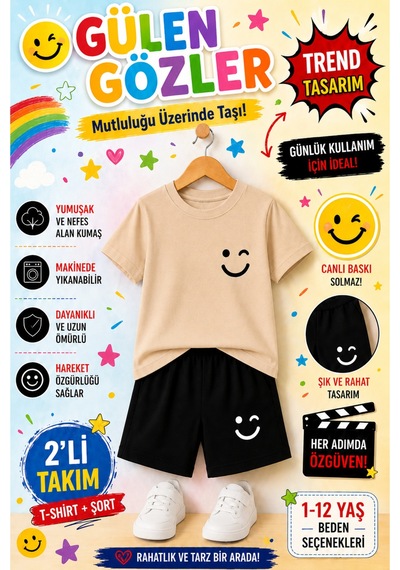 Overmax Smile Baskılı Gülen Gözler Çocuk Takımı Tişört & Şort 2 Li Kombin 1-12 Yaş Trend Yazlık Takım Bej - 882730879 Bej