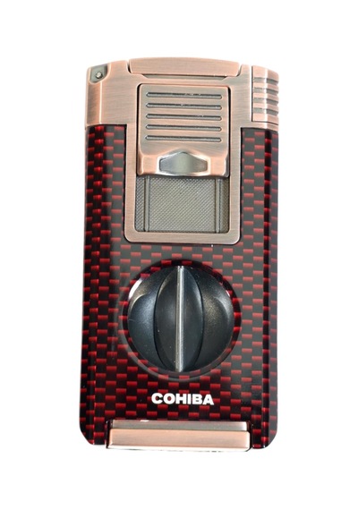 Cohiba Çift Torch Pürmüz Dahili Kesici Delicili Kırmızı Karbon Desenli Bronz Metal Puro Çakmağı - Tr9586
