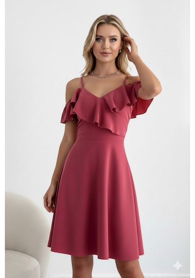 Zedefx Kadın İnce Askılı Katlı Fırfırlı Elbise Pembe