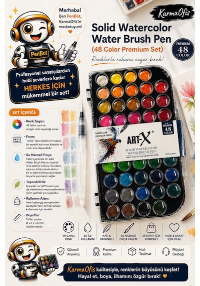 Art-x 48 Renk Solid Suluboya Seti Su Hazneli Fırça Kalemli Profesyonel Tablet Boya Krem