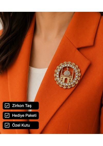 Zirkon Taşlı Osmanlı Motifli Ayasofya Ve Hilal Tasarım Altın Renk Kadın Broşu Açık Gri
