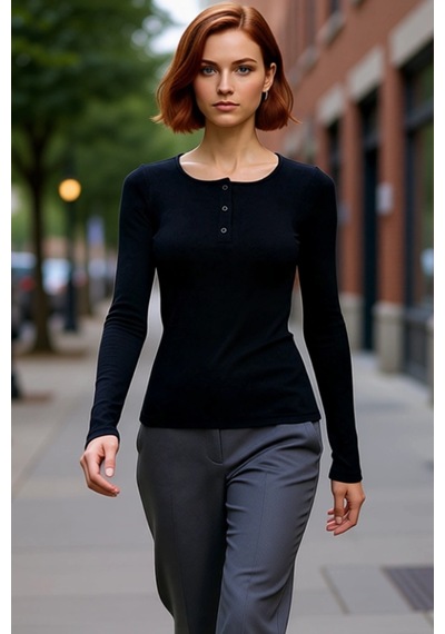 Ersefa Stil Kadın Çıtçıtlı Fitted Vücuda Oturan Fitilli Esnek Bluz Regul siyah