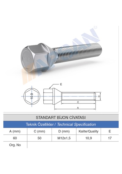 20 Adet Standart Bijon Civatası 50mm M12X1.5 DİŞ
