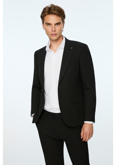 Morven Erkek Siyah Poliviskon Basic Düz Slim Fit Sivri Yaka Takım Elbise 26mc001076001 Siyah