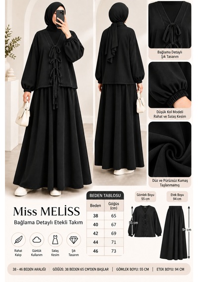 Miss Meliss Kot Bağlama Detaylı Etekli Takım Siyah Siyah