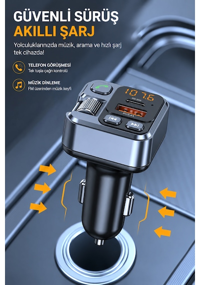 Bluetooth 5.3 Fm Transmitter Araç Çakmaklık Şarj Cihazı Pd 20w Type-c Usb Hızlı Şarj Aux Eller Serbest Konuşma Dijital Voltaj Göstergeli