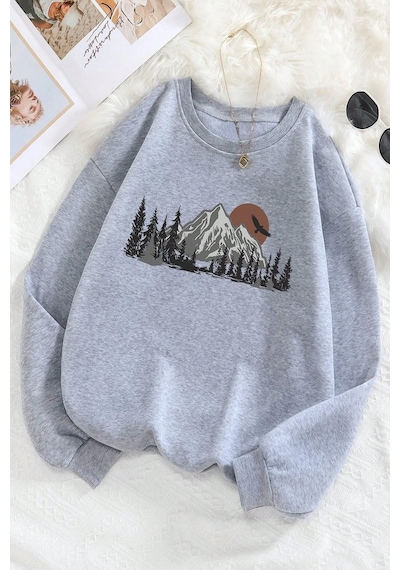 Mountain Baskılı Oversize Sweatshirt Gri
