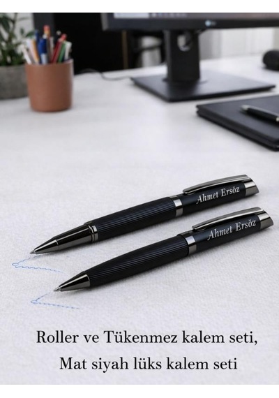 Mat Siyah Kişiye Özel Lüks Kutulu Roller Ve Tükenmez Kalem Seti