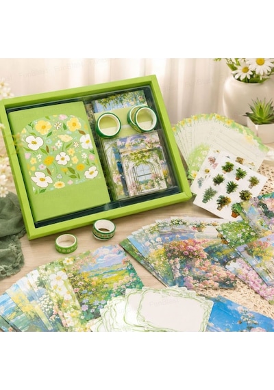 Vintage Çiçek Desenli A6 Günlük Ve Ajanda Hediye Seti - Estetik Scrapbooking Ve Günlük Süsleme Kit Kutusu 116 Parça Yeşil