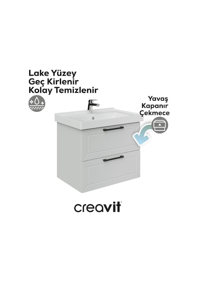 Creavit D20 65 Cm İki Çelmeceli Lavabo Dolabı Beyaz Lake Kapak Antrasit