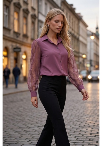 Armonika Kadın Koyu Pembe Kolları Tül Gömlek Arm-20k001068