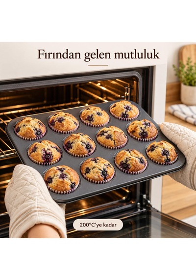 12 Gözlü Muffin Cupcake Kek Kalıbı, Karbon Çelik Çift Kat Yapışmaz Kaplamalı Fırın Tepsisi, Brownie, Kurabiye Diğer