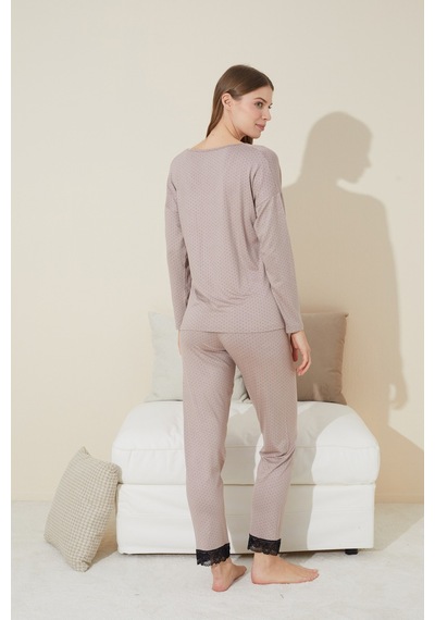 Siyah İnci Dantel Detaylı Viskon Örme Pijama Takım 24240118 Vizon