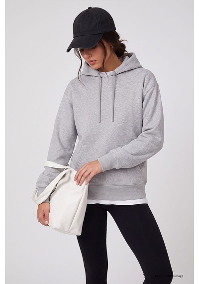TOMMYLIFE Gri Melanj Standart Kapüşonlu Kanguru Cepli Basic Kadın Sweatshirt - 97321