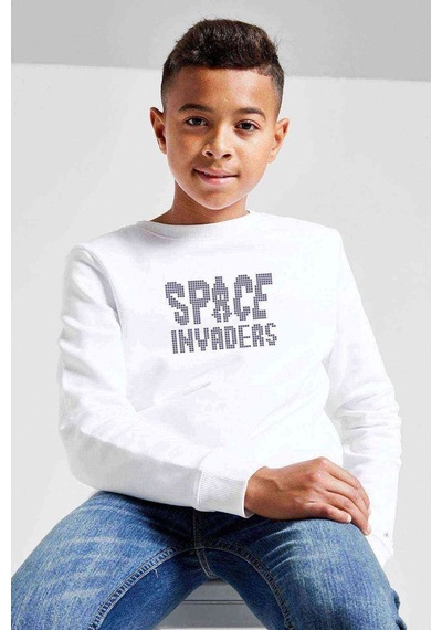 Tshirthane Space Invaders Baskılı Unisex Çocuk Beyaz Sweatshirt Beyaz