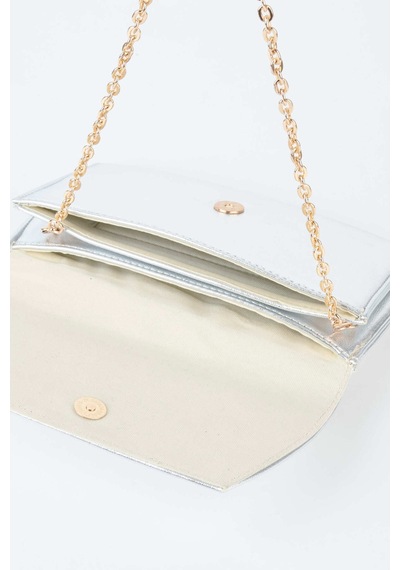 Vivaq Kadın Gümüş Rugan Zarf Tasarım 2 Bölmeli Mini Zincir Askılı Çıt Çıt Kapama Clutch Ve El Çantası