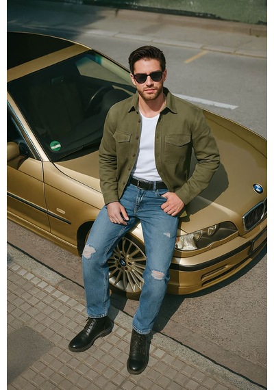 Erkek Oversize Jean Gömlek Haki 001