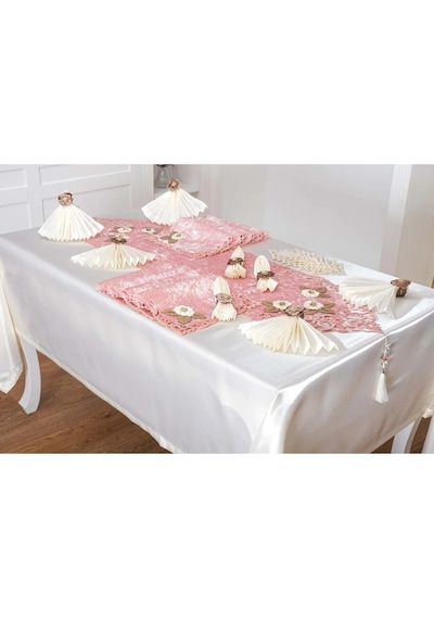 Afife Kadife Pudra Krem Sofra Takımı 8 Kişilik 160x230 Cm 34 Parça -1428 Çok Renkli