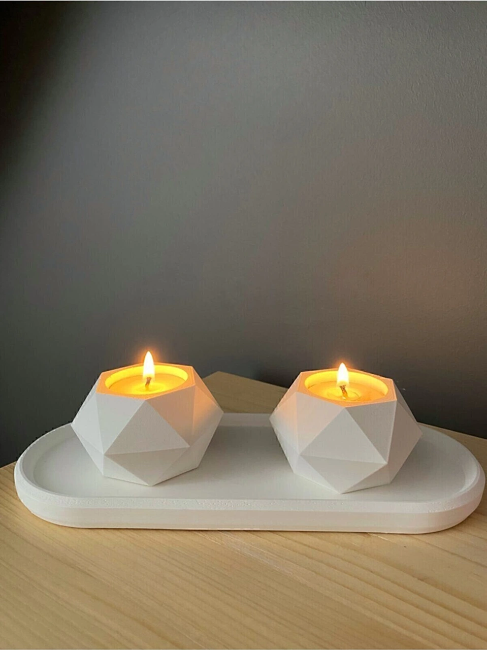 Geometrik Tealight Beton Mumluk, Oval Tabaklı Dekoratif Hediyelik Set Ham Beyaz Beyaz