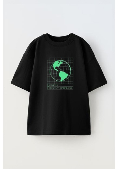 Thewert Unisex Earth Mostly Harmless Tasarım Baskılı Pamuk Sıyah Oversize T-shirt Siyah