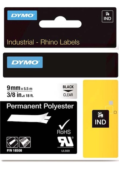Dymo Rhinopro Sabitpolyester Şerit 9Mmx5.5M Şeffaf Siyah 18508