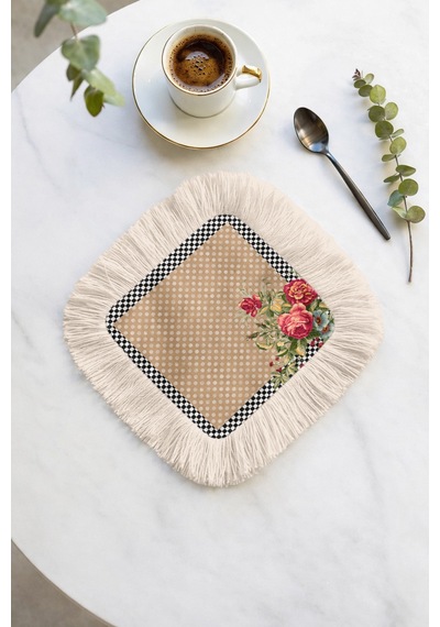 Vintage Çiçekli Saçaklı Sunum Peçetesi - Pastoral Romantik Bohem Bej Pembe Bardak Altlığı Mendil