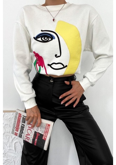 Femelle Ekru Kalın Içi Polarlı Nakış Işlemeli Kabartmalı Oversize Sweatshirt