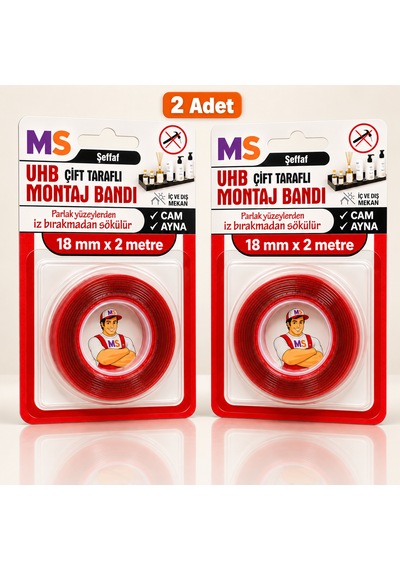 2 Adet Vhb Çift Taraflı Şeffaf Ultra Güçlü 18 Mm X 2 Metre Montaj Bandı Metal Araç Plastik Bantı