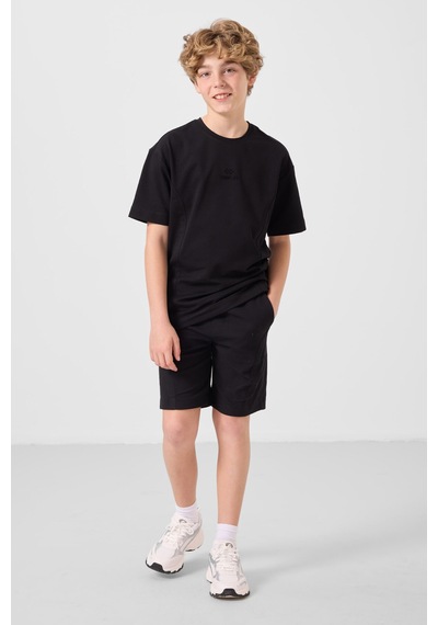 Siyah Pamuklu Oversize Fit Dokuma Hafif Esnek Chino Erkek Çocuk Şort Takım - 11276 Siyah