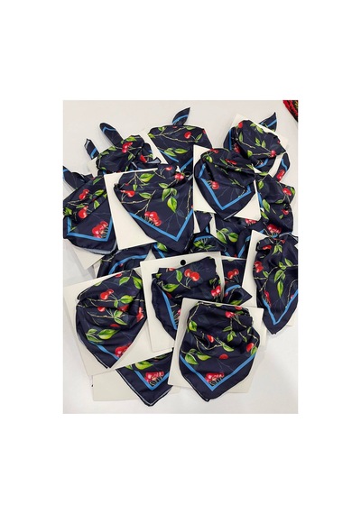 55x55 Cm Premium Kiraz Desenli Saten Fular Lacivert