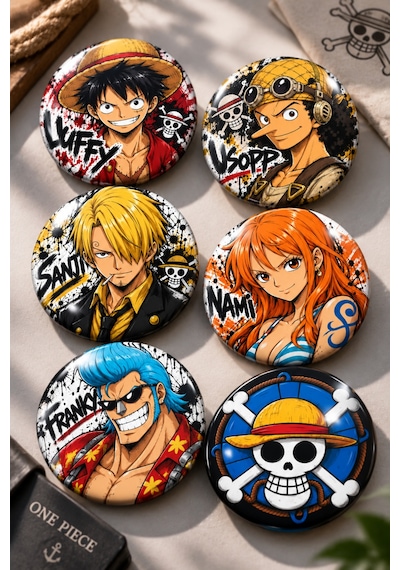 One Piece 58mm 12'li Rozet Seti Luffy Zoro Sanji Nami Usopp Chopper Robin Franky Brook Jinbe Anime Rozeti Çok Renkli