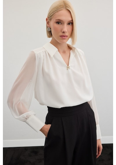 Sateen Aksesuarlı Salaş Bluz - Ekru-136472 Ekru