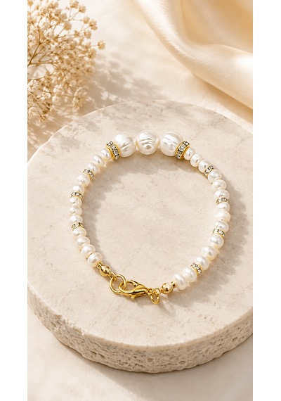 İncisi Bileklik - Tatlı Su Kültür İncisi 4-8 Mm - 316l Çelik Gold Aparatlı Kadın Bileklik Beyaz