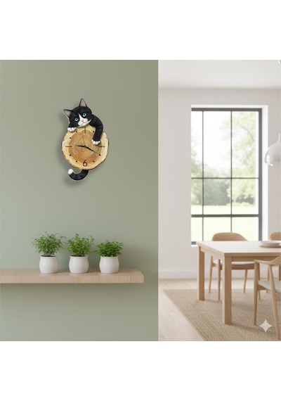 Cajuart Kütük Üzerinden Bakan Smokin Kedi Tasarımlı Duvar Saati Modern Dekoratif Saat Kahverengi