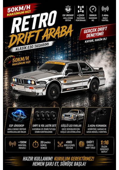 1/16 4wd 50 Km Hızlı E30 Rc Drift Uzaktan Kumandalı Yedek Lastikli Oyuncak Drift Araba Gri