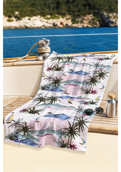 Tropikal Palmiye Deniz Manzaralı Plaj Havlusu - Pastel Akdeniz Marine Havuz Mikrofiber Havlu Bulut Zeytin