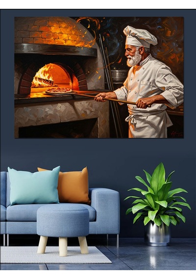 Ahşap Tablo Taş Fırında Pizza Pişiren Şef