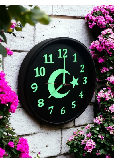 Fosforlu Gece Görünen Ayyıldız Duvar Saati Çap 28 Cm Cam Yok Siyah