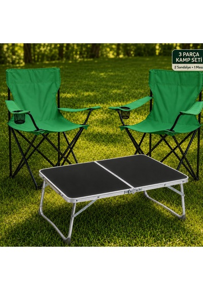 2 Sandalyeli Katlanır Kamp Seti 60x40 Cm Masa Ve Sandalye Açık Yeşil