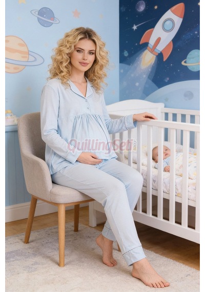 Lady Bebe Mavi Renkli Kol Ve Paçaları Manşetli, 33202 Uzun Kol, 2 Parça Lohusa Hamile Pijama Takımı Açık Mavi