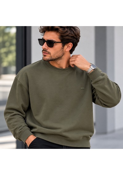 Erkek Modal Kumaş Bisiklet Yaka Sweatshirt Şık Tasarım, Tam Kalıp Haki